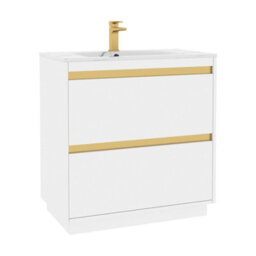 Royal Bathrooms Orion 800mm Matt White 2 Drawer Floor Standing Vanity Unit With Carrara White Basin & Brushed Brass Accent Trim - thumbnail 7