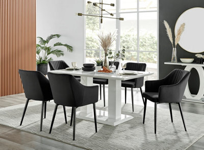 Furniturebox Imperia White High Gloss 6 Seater Dining Table With Structural 2 Plinth Column Legs 6 Black Velvet Black Leg Calla Chairs - image 1