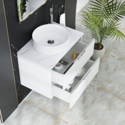 Royal Bathrooms Evora 700mm Matt White Fluted Wall Hung Vanity Unit 2 Drawer With Carrara White Undrilled Worktop - thumbnail 3