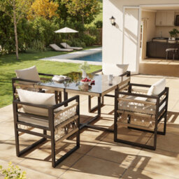 Abrihome Hand-Woven Garden Sofa Set For 4 People, Made Of Sturdy Iron With 4 Beige Cushions, Weather-Resistant Patio Furniture