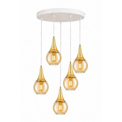 Luminosa Lighting Luminosa Lacrima Cluster Pendant Ceiling Light White, Gold Amber Glass Shade 5X E27 - image 1