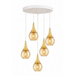 Luminosa Lighting Luminosa Lacrima Cluster Pendant Ceiling Light White, Gold Amber Glass Shade 5X E27 - thumbnail 1