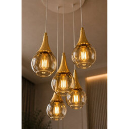 Luminosa Lighting Luminosa Lacrima Cluster Pendant Ceiling Light White, Gold Amber Glass Shade 5X E27 - thumbnail 3