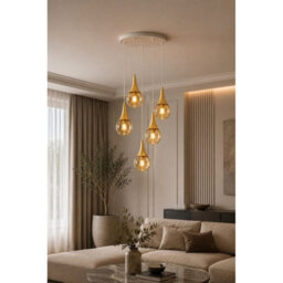 Luminosa Lighting Luminosa Lacrima Cluster Pendant Ceiling Light White, Gold Amber Glass Shade 5X E27 - thumbnail 2