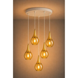 Luminosa Lighting Luminosa Lacrima Cluster Pendant Ceiling Light White, Gold Amber Glass Shade 5X E27 - thumbnail 5
