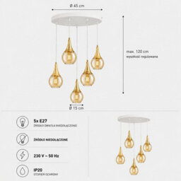 Luminosa Lighting Luminosa Lacrima Cluster Pendant Ceiling Light White, Gold Amber Glass Shade 5X E27 - thumbnail 4