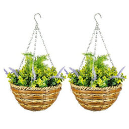 Set Of 2 Artificial Plants, Faux Silk Lavender Flowers In Hanging Basket  - Purple