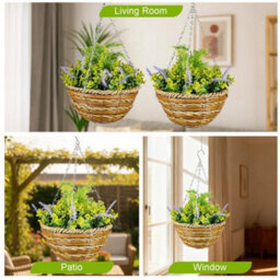 Set Of 2 Artificial Plants, Faux Silk Lavender Flowers In Hanging Basket  - Purple - thumbnail 4