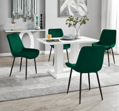 Furniturebox Uk 4 Seater Dining Set - Imperia White High Gloss Dining Table And Chairs - 4 Green Pesaro Black Leg Chairs - image 1