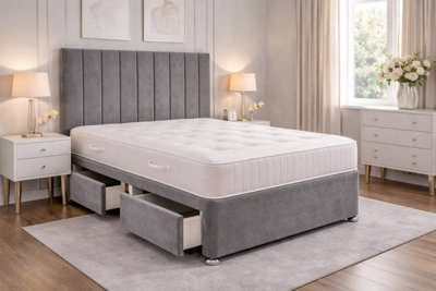 Comfy Deluxe 9 Panel Grey Suede 6Ft Super King Size Bed Set With Orthopaedic Mattress And Headboard No Drawers