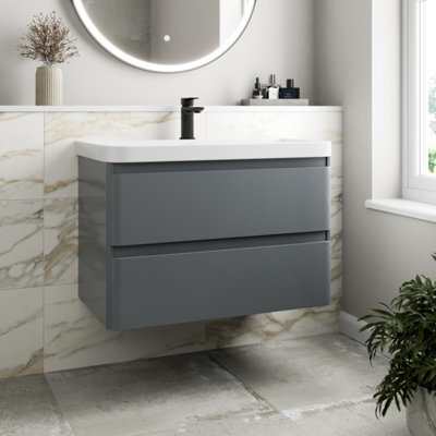 Affine Bathroom Wall Hung Vanity Unit Wash 800 Basin Base Cabinet Drawers Storage Grey - image 1