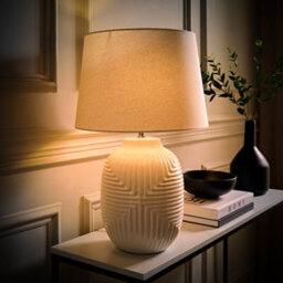 Valuelights Harrison Taper Shade White Geo Ribbed Pattern Gloss Large Table Lamp With Bulb - thumbnail 1
