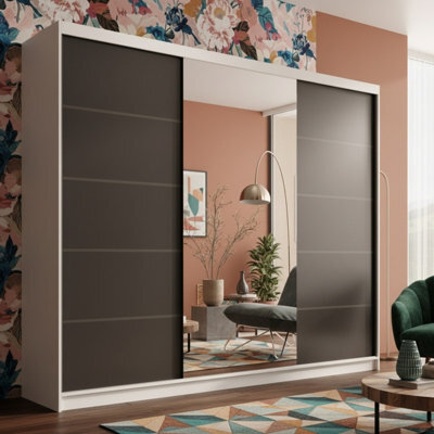 Etna 250 Large Sliding Door Wardrobe With Mirror For Contemporary Homes White+Black - image 1