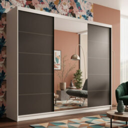 Etna 250 Large Sliding Door Wardrobe With Mirror For Contemporary Homes White+Black - thumbnail 1