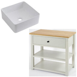 Homestylestore 840mm Antique White And Oak Bathroom Vanity Unit With Square Countertop Basin And Black Round Handles - thumbnail 1