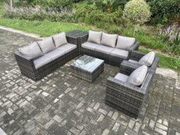 Fimous 8 Seater Rattan Garden Furniture Set Patio Outdoor Lounge Sofa Set With 2 Armchairs Side Table Square Coffee Table - thumbnail 2