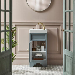 Homestylestore Light Grey 400mm Bathroom Vanity Unit With Basin And Brushed Brass Round Handles - thumbnail 2