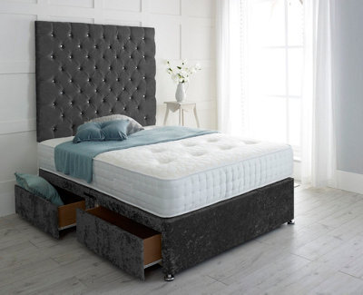 "Adore Designs Chesterfield Crushed Velvet Divan Bed, With Pocket Mattress & 36"" Headboard - 5Ft Kingsize - Black - 2 Drawers Same Side"