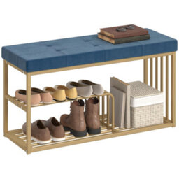 Homcom Shoe Storage Bench With Seat Cushion Tufted Shoe Rack Bench Dark Blue - thumbnail 2