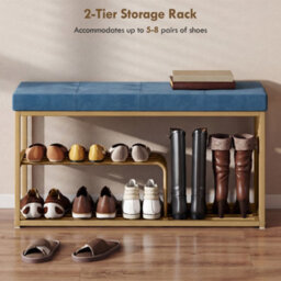 Homcom Shoe Storage Bench With Seat Cushion Tufted Shoe Rack Bench Dark Blue - thumbnail 6