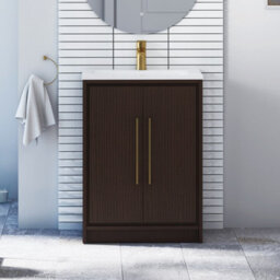 Royal Bathrooms Livora 600mm Walnut Woodgrain Floor Standing Bathroom Vanity Unit 2 Door With Stone Basin & Brushed Brass Handle