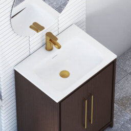 Royal Bathrooms Livora 600mm Walnut Woodgrain Floor Standing Bathroom Vanity Unit 2 Door With Stone Basin & Brushed Brass Handle - thumbnail 5