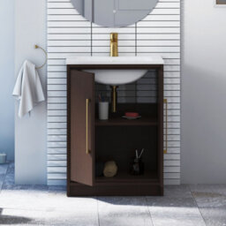 Royal Bathrooms Livora 600mm Walnut Woodgrain Floor Standing Bathroom Vanity Unit 2 Door With Stone Basin & Brushed Brass Handle - thumbnail 4