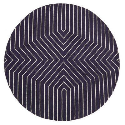 Orsina Round Blue And White Rug, Hand Tufted Wool Rug With Geometric Pattern, Contemporary Area Rug For Dining Room - image 1