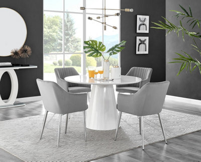 Furniturebox Uk Palma White High Gloss Round Dining Table & 4 Grey Calla Silver Leg Chairs - image 1