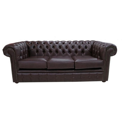Chesterfield 3 Seater Burgandy Bonded Leather Sofa Bespoke In Classic Style - image 1