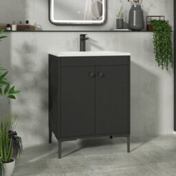 Royal Bathrooms Verona 600mm Matt Black Floor Standing Vanity Unit 2 Door With Stone Basin & Matt Black Knob