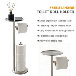 Toilet Roll Holder Free Standing Silver Toilet Paper Holder Stand With Top Shelf - thumbnail 4