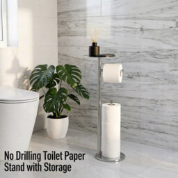 Toilet Roll Holder Free Standing Silver Toilet Paper Holder Stand With Top Shelf - thumbnail 6