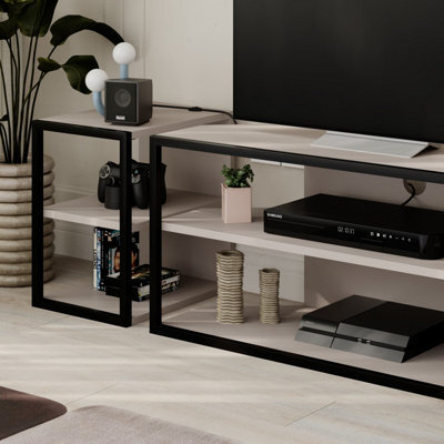Decortie Modern Echo Tv Unit Set For Tvs Up To 43-Inches W/ 2 Storage Side Table 3 Piece Set Media Centre Living Room (Retro Grey) - image 1