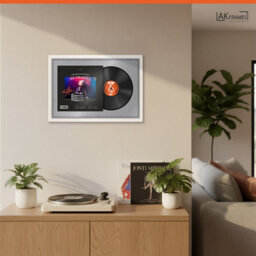 "AK Frames 25X17"" White Sleek Vinyl Record Frame With Mid Grey Mount For 12 Inch Lp Cover & Disc - Overlapped Design" - thumbnail 5