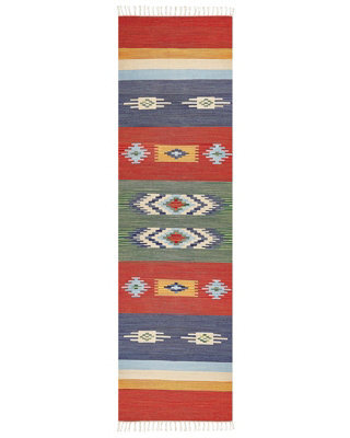 Beliani Kilim Handwoven Multicolour Cotton Rug 80 X 300 Cm Reversible With Tassels - image 1