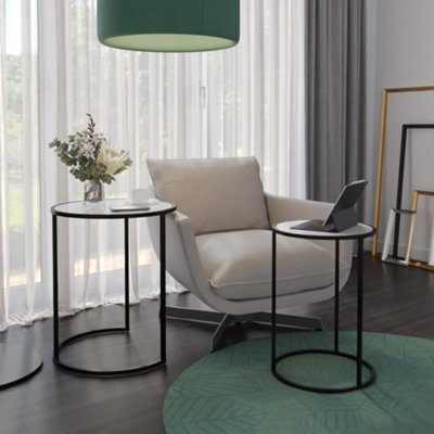 Urbn-Living Urbnliving 59Cm Height Round Nesting Side Coffee Tables White Glass Top With Black Metal Leg Set Of 2 - image 1