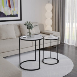 Urbn-Living Urbnliving 59Cm Height Round Nesting Side Coffee Tables White Glass Top With Black Metal Leg Set Of 2 - thumbnail 3