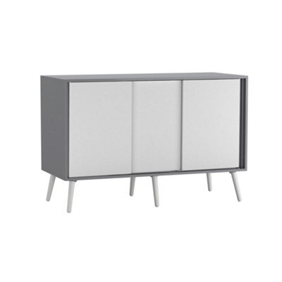 Urbn-Living Urbnliving 3-Door Sliding Cabinet Sideboard Grey Carcass With White Doors Storage Organiser Home Cupboard White Wooden Legs - image 1