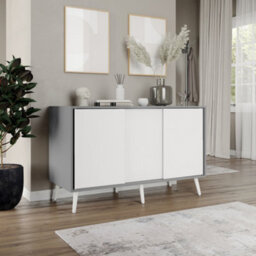 Urbn-Living Urbnliving 3-Door Sliding Cabinet Sideboard Grey Carcass With White Doors Storage Organiser Home Cupboard White Wooden Legs - thumbnail 3