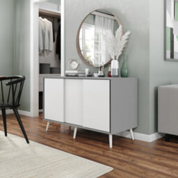 Urbn-Living Urbnliving 3-Door Sliding Cabinet Sideboard Grey Carcass With White Doors Storage Organiser Home Cupboard White Wooden Legs - thumbnail 2