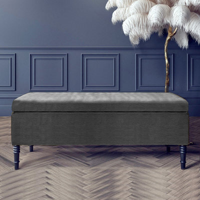120Cm Paris Plain Ottoman Storage Bench -Naples Shoes Bench With Black Turned Wooden Legs - Dark Grey Upholstery Storage Footstool - image 1