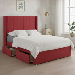 Luxury Red Plush Milan Super King Size Bed Frame With Mattress 54 Inches Wingback Headboard 2 Footend Storage Drawers - thumbnail 1