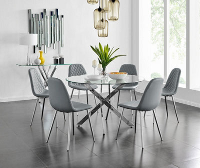Furniturebox Uk Novara Chrome Metal And Glass Large Round Dining Table And 6 Elephant Grey Corona Silver Chairs Set - image 1