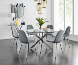 Furniturebox Uk Novara Chrome Metal And Glass Large Round Dining Table And 6 Elephant Grey Corona Silver Chairs Set - thumbnail 1