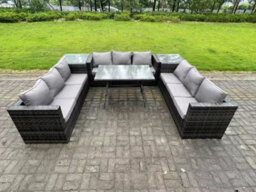 Fimous 9 Seater Rattan Outdoor Furniture Sofa Garden Dining Set With Patio Dining Table 2 Side Tables Dark Grey - thumbnail 1