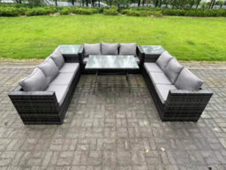 Fimous 9 Seater Rattan Outdoor Furniture Sofa Garden Dining Set With Patio Dining Table 2 Side Tables Dark Grey - thumbnail 2