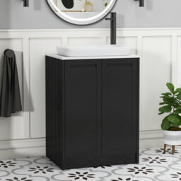 Royal Bathrooms Royal Bathroom Elmore 600mm Matt Nocturne Black Freestanding Bathroom Vanity Unit 2 Door Plain White Worktop With Qubix Basin - thumbnail 1