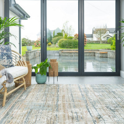 Loomed Beige Blue Living Area Rug Soft 120X170Cm - image 1