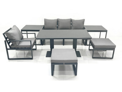 Fimous 6 Seater Garden Sofa Set Aluminium Furniture Rising Dining Tabe Set With Chair 2 Big Footstool 2 Side Tables Dark Grey - image 1